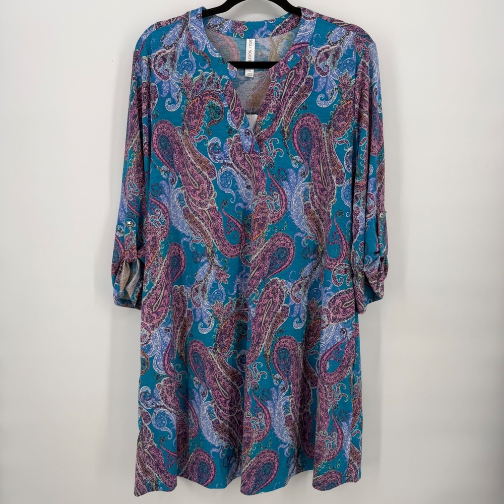 Dear Scarlett Dress Womens XL Teal Pink Paisley 3/4 Roll Sleeve Split Neck NWT